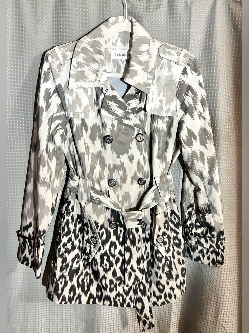 Calvin Klein Tonal Grays Printed Trench Coat M Belted Outdoors Dressy Chic